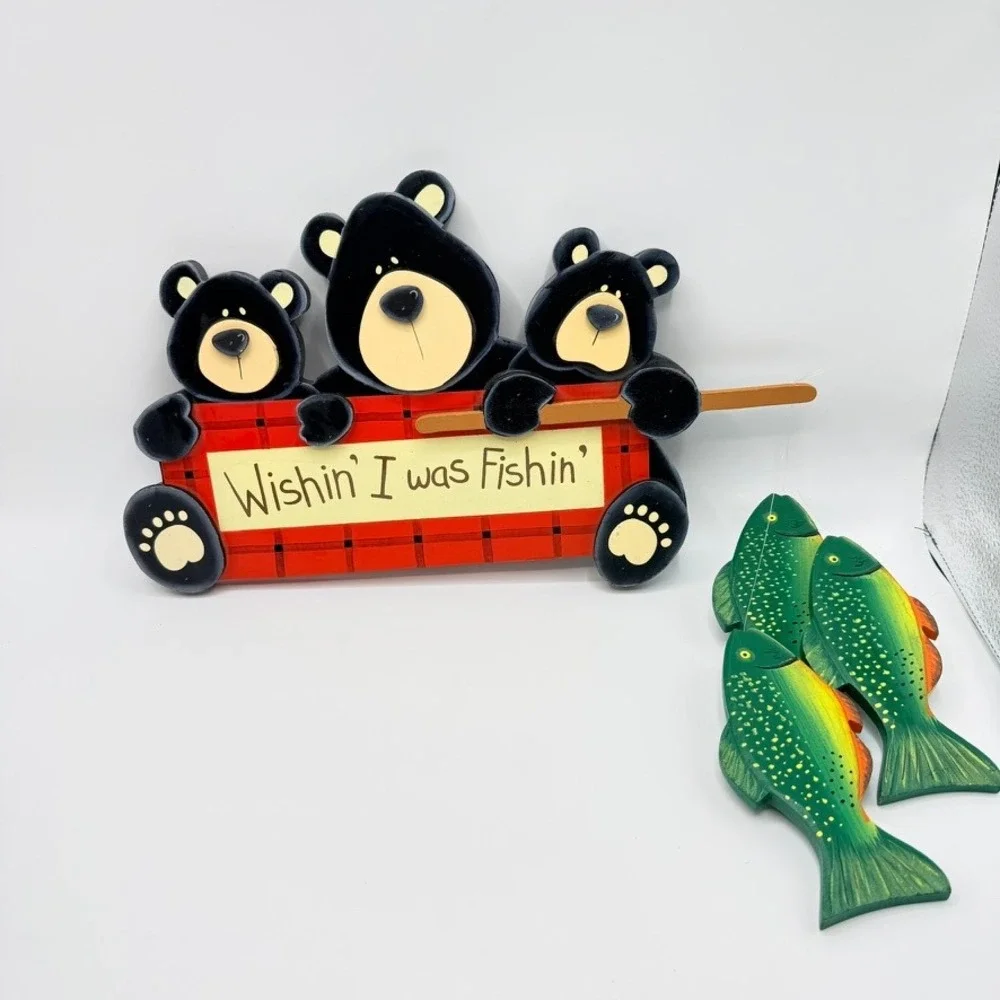 Rustic Wood Black Bear Fishing Wall Decor Wishin I was Fishin Cabin Lodge Sign